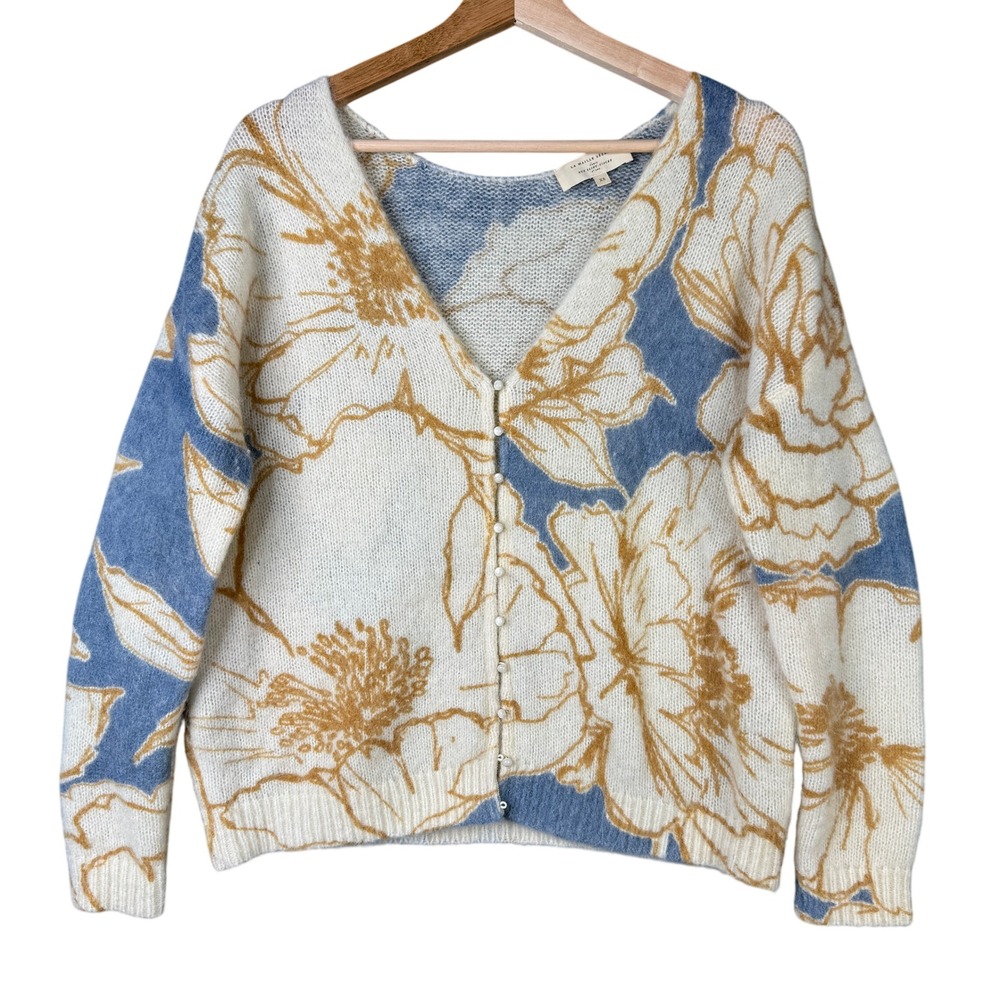 Sézane Lisette Jumper Celeste Blue XS White Gold Floral Mohair Wool Pearl Button